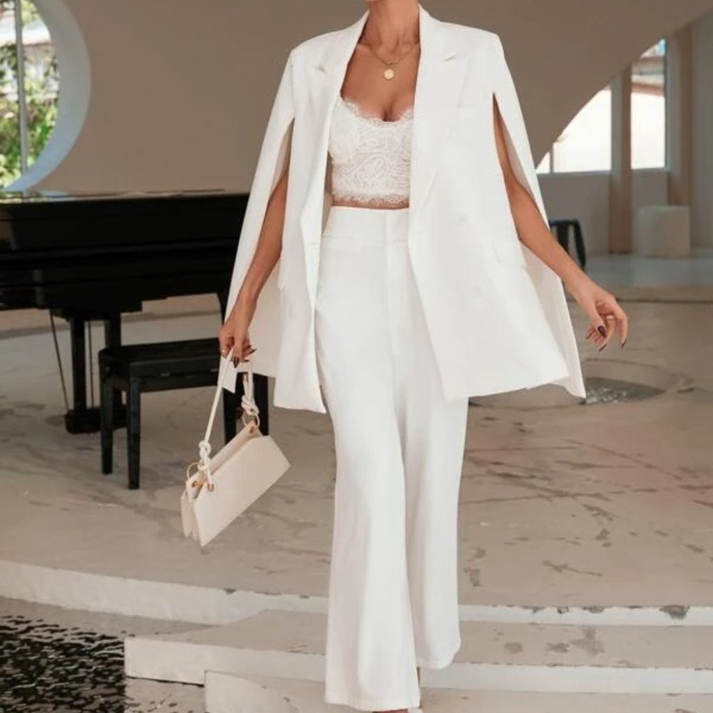White Modern Cape Cloak Sleeved Double Breasted Blazer work chic classy - Picture 4 of 6